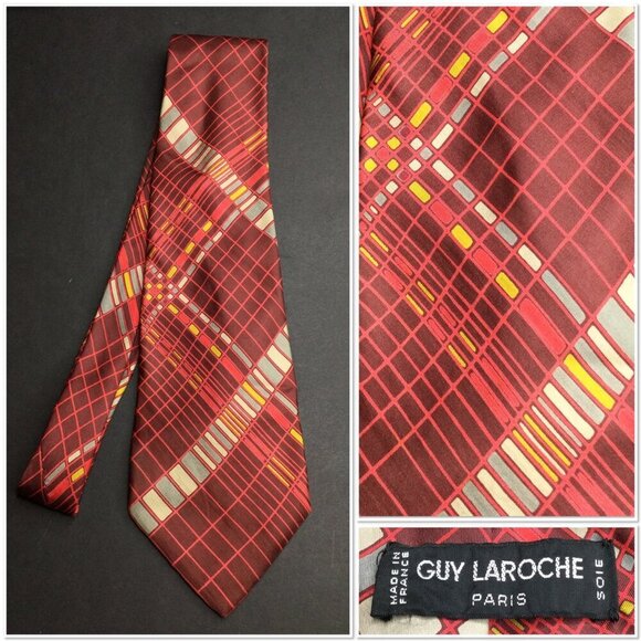 Vintage Guy Laroche Paris Mens Silk Tie Red Geometric Pattern Made France - Picture 1 of 8